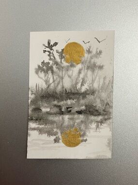 Original sunset landscape painting miniature realism art sumi-e style ink gift